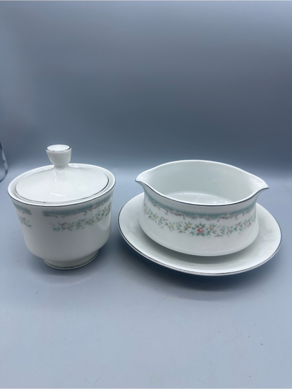 Roseville fine China White Porcelain Sugar Bowl and Gravy Boat